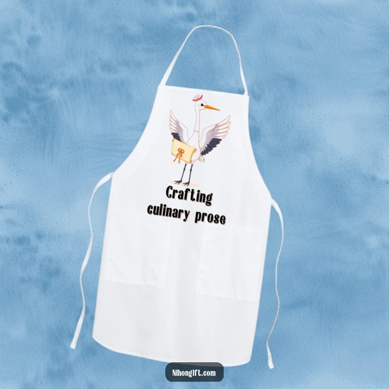 Elegant apron showcasing a graceful crane holding a delicate scroll, ideal for artistic chefs who appreciate fine design.