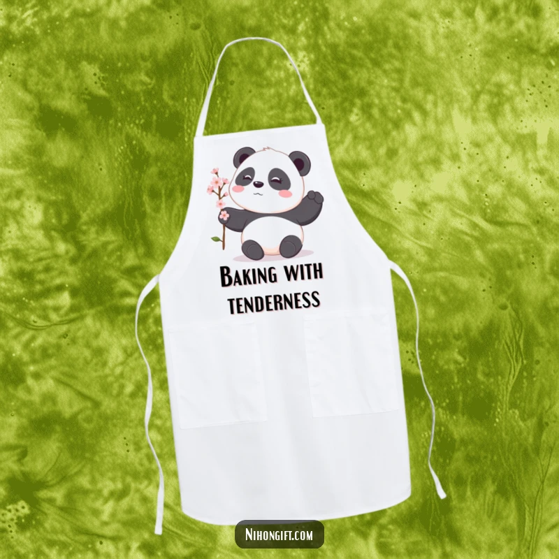 Funny panda apron showing a shy panda offering a delicate cherry blossom branch, adding a touch of serene humor to cooking.