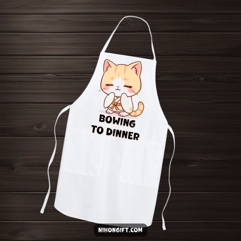 Funny kawaii cat wearing a kimono and bowing on a kitchen apron, adding elegance.