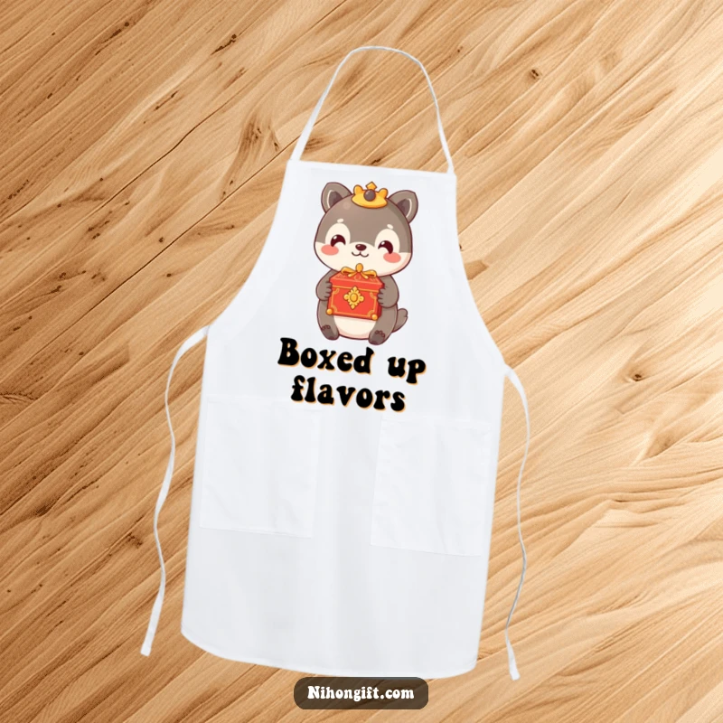 Funny apron showing an animal offering a small, ornate box with a gentle smile, perfect for thoughtful chefs.