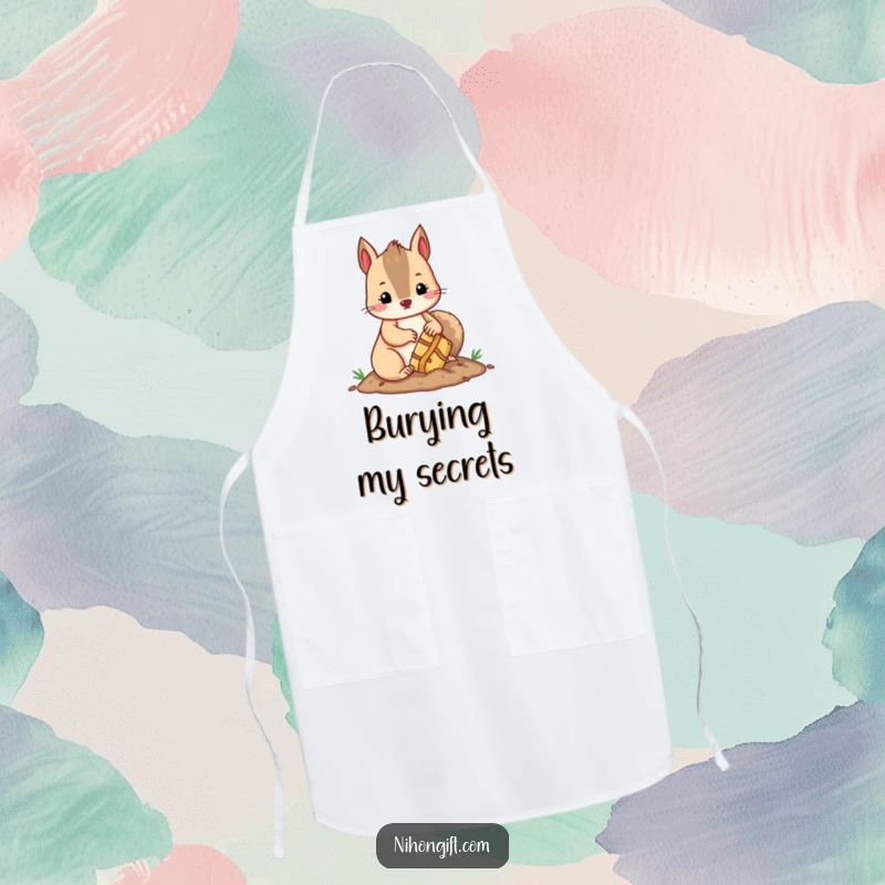 Funny kawaii squirrel burying a treasure, looking adorable and humorous on a kitchen apron.