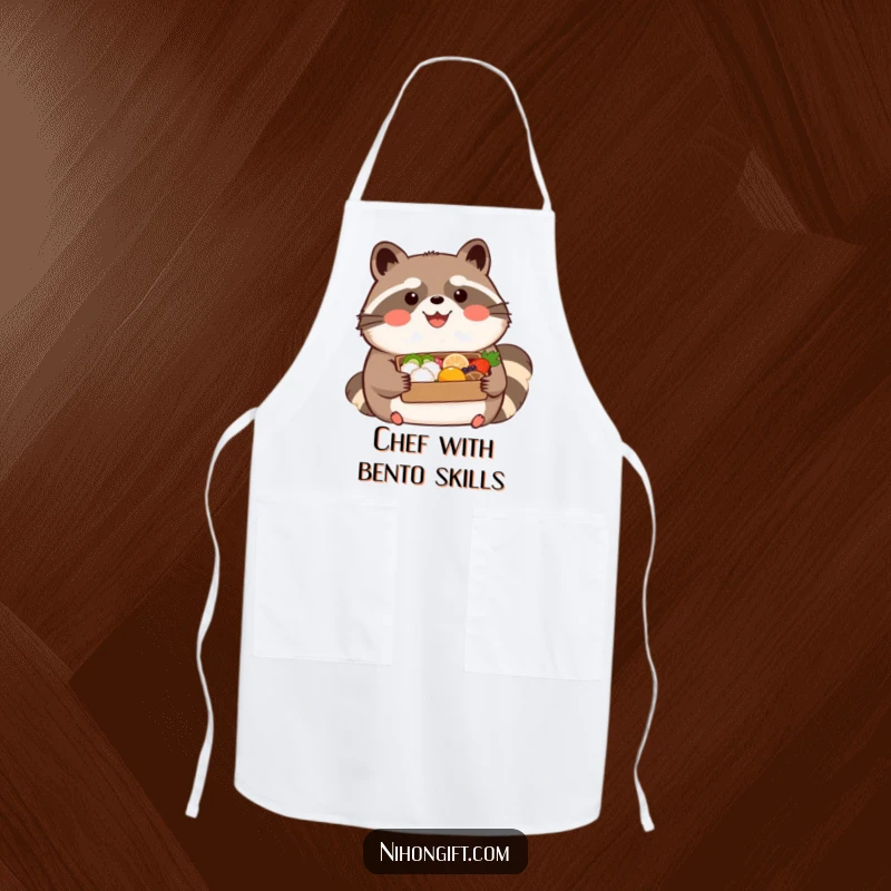 Funny kawaii tanuki wearing a happy expression, holding a beautifully presented bento on an apron, ideal for a humorous kitchen.
