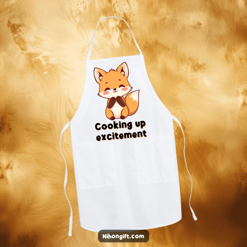 Funny fox apron showing a small fox with paws clasped in happy anticipation, great for kitchens and humorous gifts.