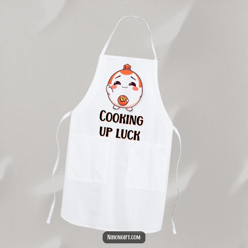 Funny! Chef-style apron with a smiling Daruma doll character offering a shiny coin, ideal for cooking with luck and humor.
