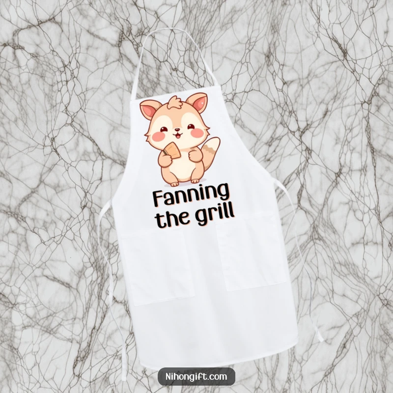 Funny apron design with a welcoming animal holding a decorative fan, ideal for gracious hosts.