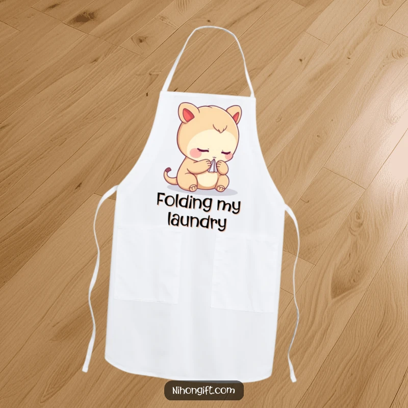 Funny apron design with a creature bowing respectfully and holding a paper crane, perfect for artistic cooks.