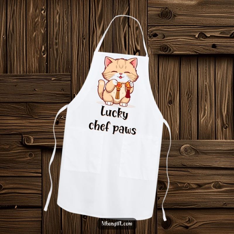 Funny cat apron featuring a fluffy cat in a playful crouch batting at a dangling lucky charm, adding fun.