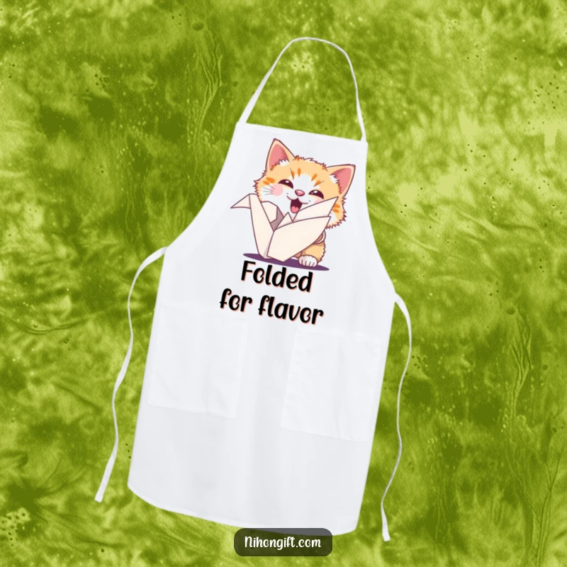 Funny cat apron featuring an ecstatic fluffy cat peeking from behind an origami crane, adding luck to the kitchen.