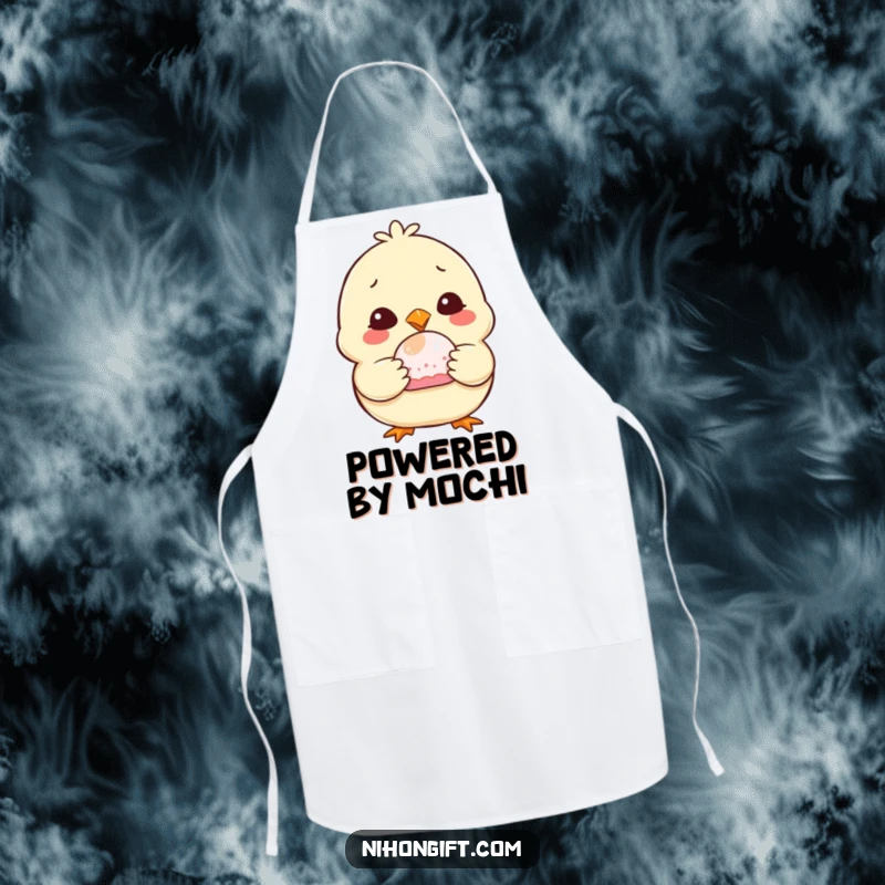 Funny Chubby Chick Apron showing a smiling chick holding a mochi, ideal for kitchen fun and humorous cooking.