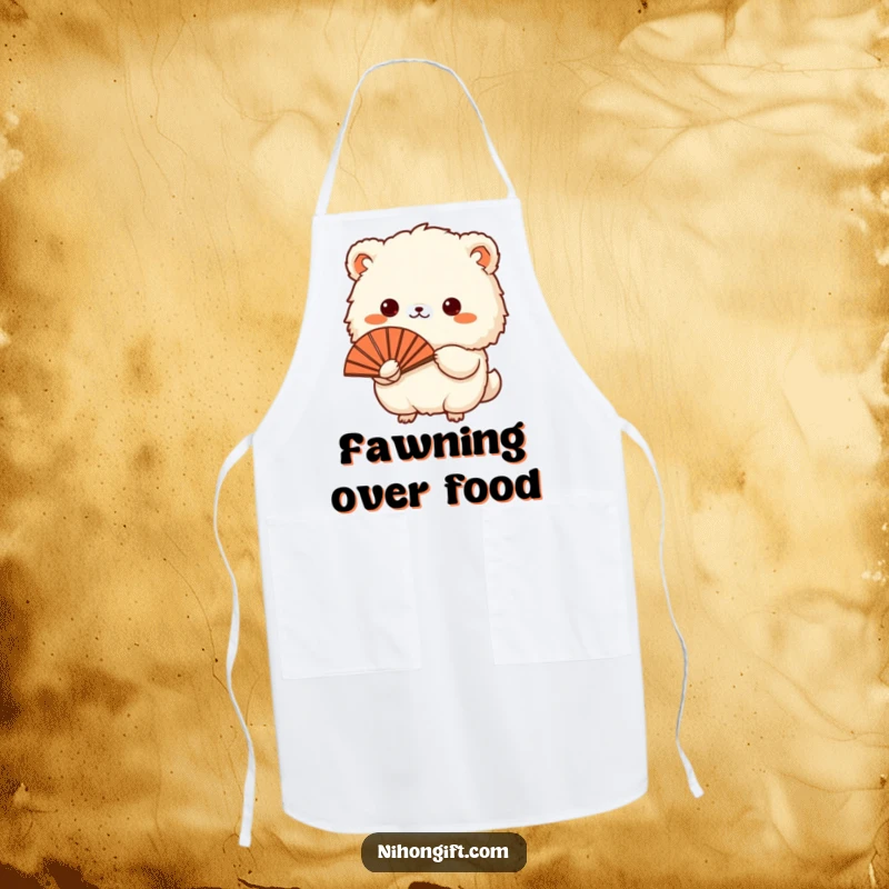 Funny apron showcasing a small, fluffy animal presenting a traditional Japanese fan while cooking, ideal for kitchen humor.