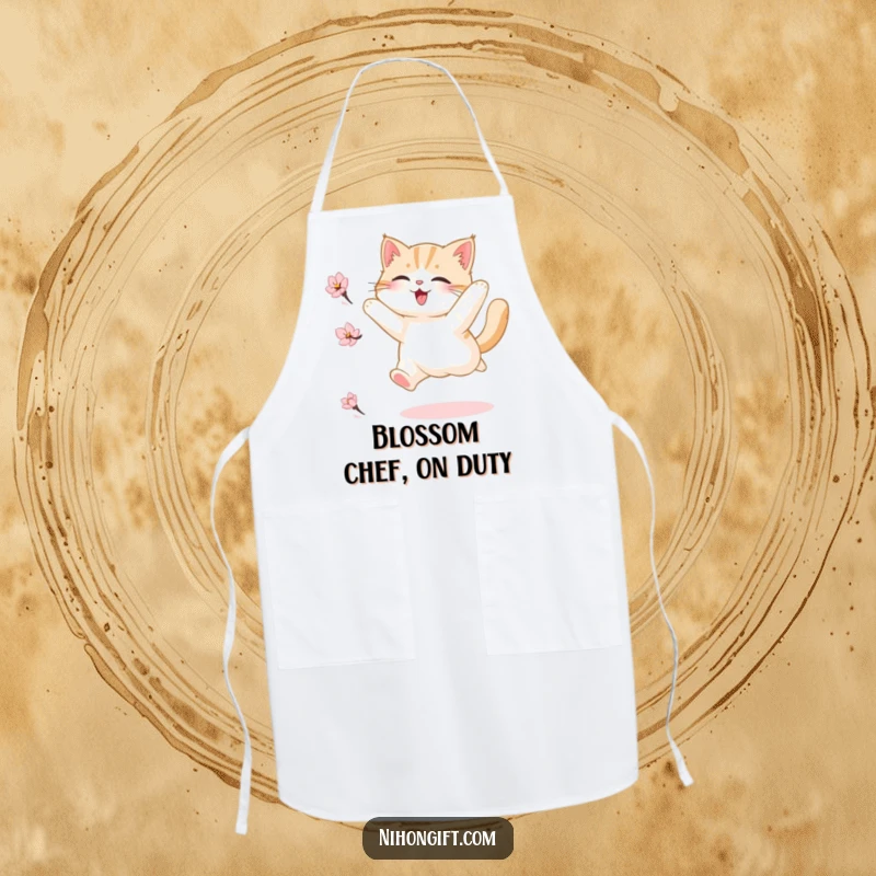 Funny apron featuring a fluffy cat joyfully leaping high to catch a whimsical cherry blossom petal, adding charm to the kitchen.