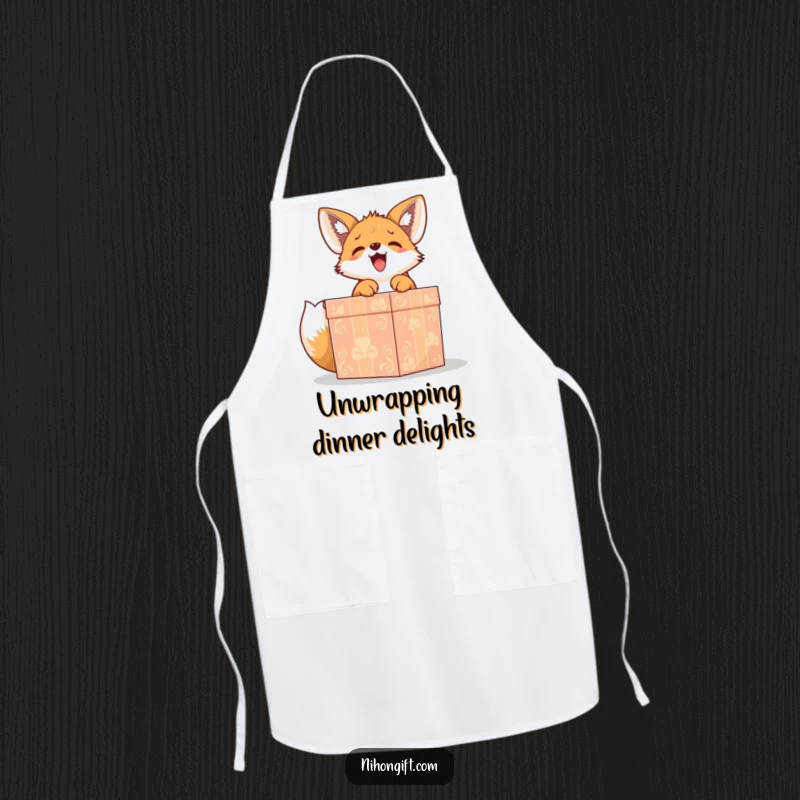 Funny cute fox puppy gleefully unwrapping a large, ornate gift box on an apron, ideal for a humorous kitchen.