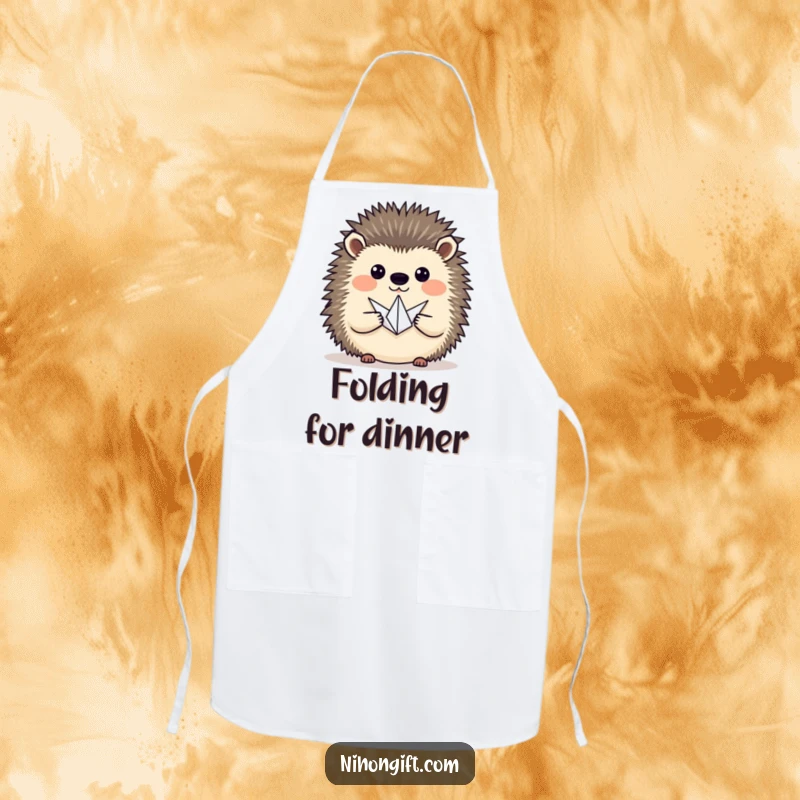 Funny hedgehog proudly presenting a tiny origami crane, on a cute apron for kitchen art.