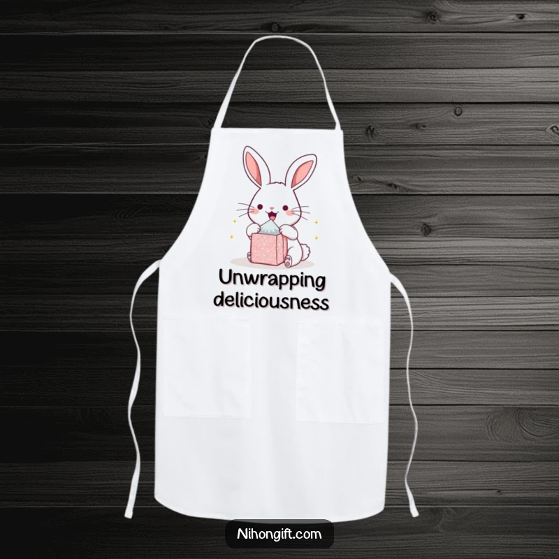 Funny kawaii bunny apron, excitedly unwrapping a glittering package while perhaps taking a break from baking. Adds kitchen joy.
