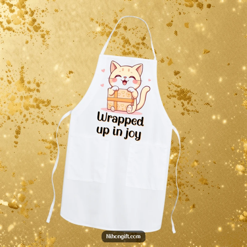 Funny Kawaii Cat Apron featuring a delighted cat receiving a large ornate gift box, perfect for protecting clothes with humor.