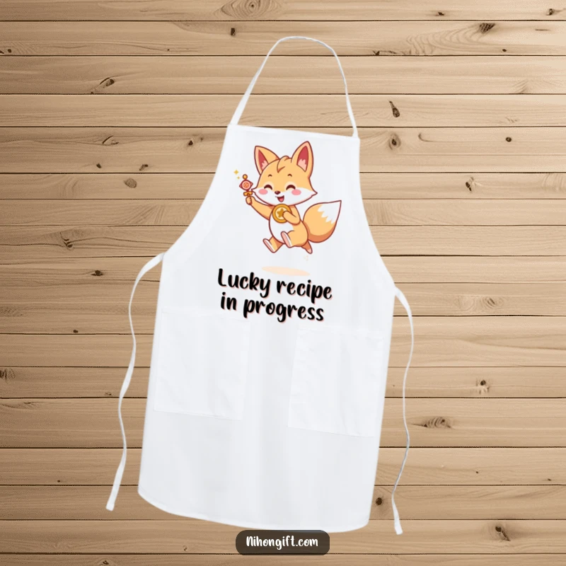 Funny Kawaii fox holding a lucky charm, joyfully leaping forward, on a practical kitchen apron, a useful funny gift.