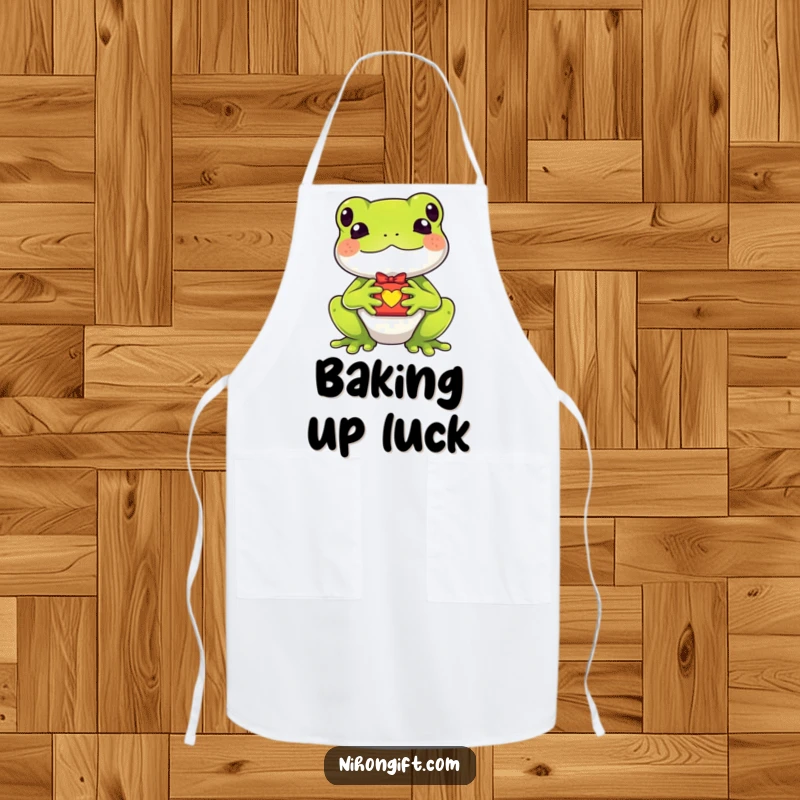 Funny kawaii frog holding a tiny lucky charm gift on a kitchen apron, adding whimsical charm to cooking.