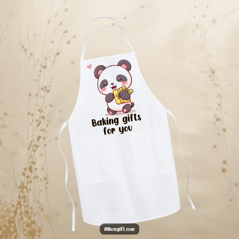 Funny kawaii panda holding a gift with a ribbon on a kitchen apron, adding cute and humorous charm.