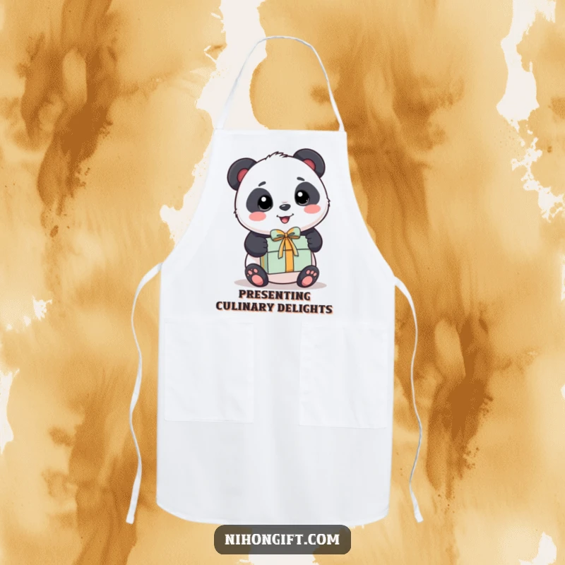 Funny Panda Apron: A cute kawaii panda happily presents a beautifully wrapped gift.