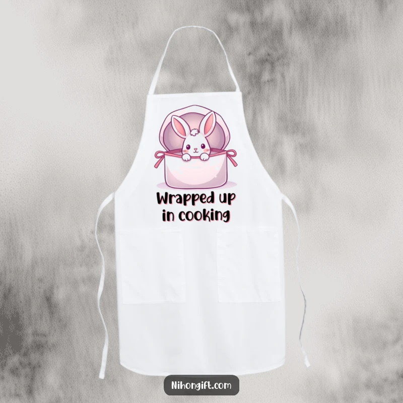 Funny apron with a playful rabbit peeking from a shimmering, open gift bag, adding a touch of surprise to kitchen activities.
