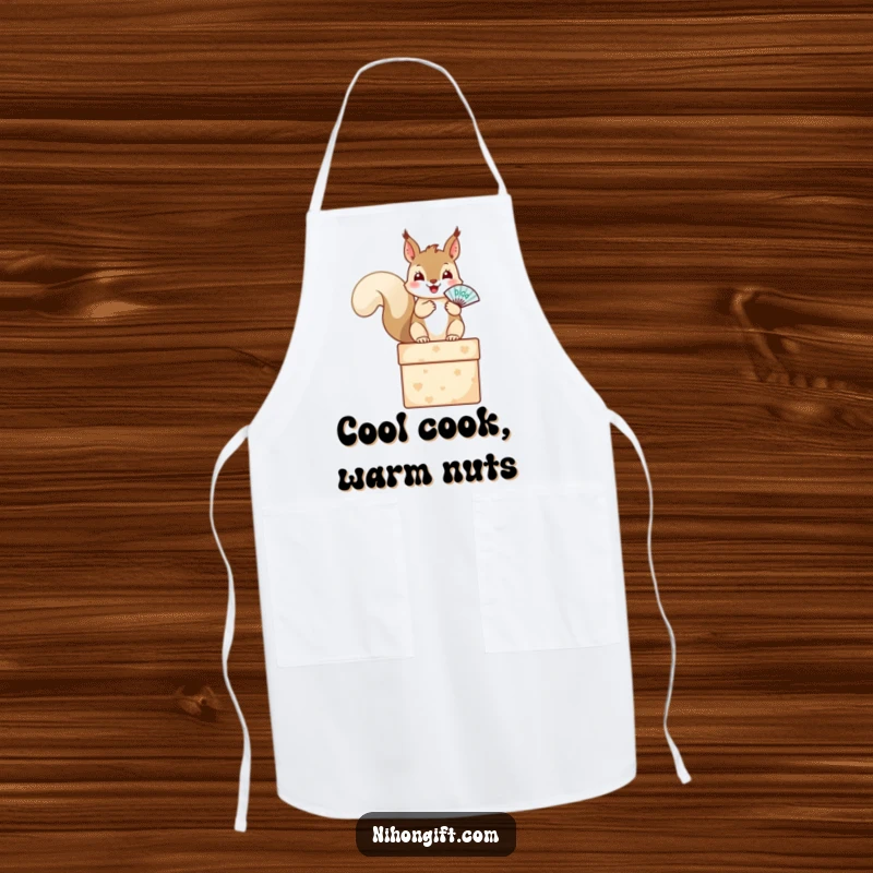 Funny squirrel apron depicting a happy squirrel on a gift box with a tiny fan, great for cooking fun.