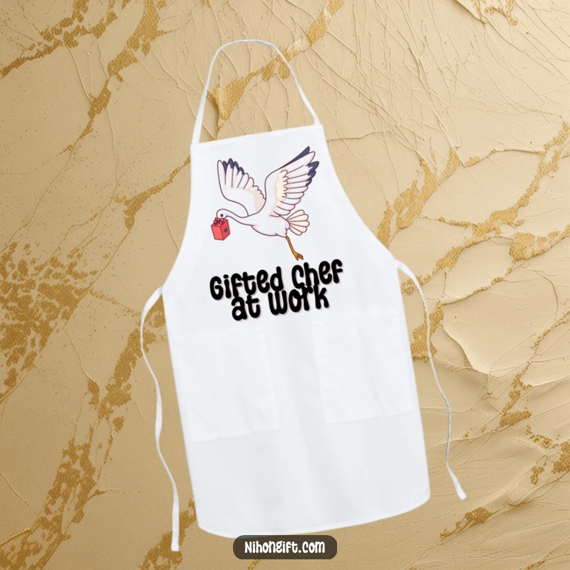 Funny Kawaii Crane Apron showing a crane flying with a delicate gift box.