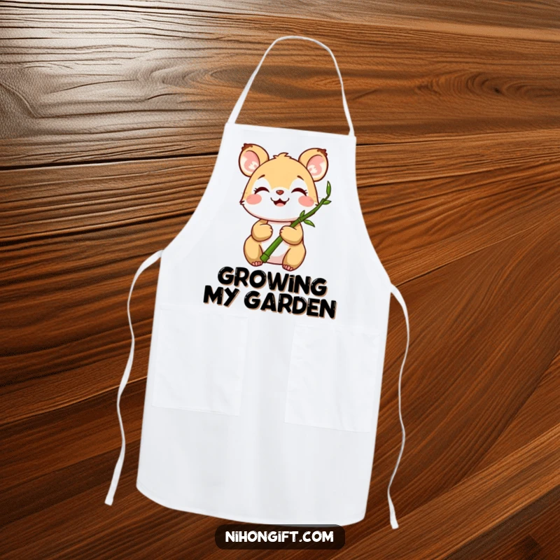 Funny apron design featuring a joyful animal holding a miniature bamboo stalk, ideal for peaceful cooking.