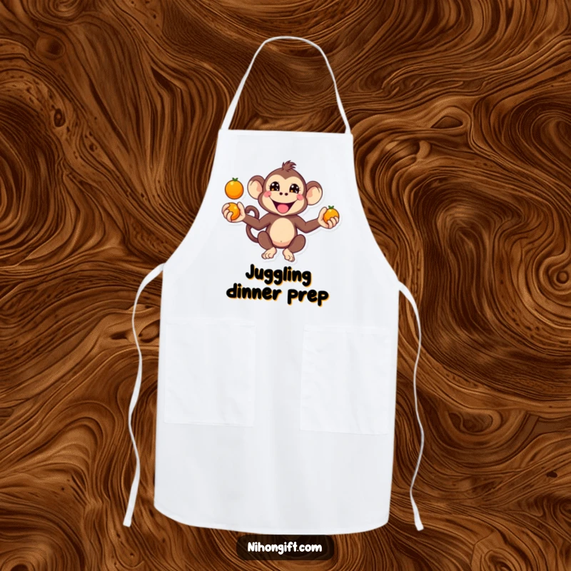 Funny Kawaii Monkey Apron showing a monkey juggling oranges with a mischievous grin.