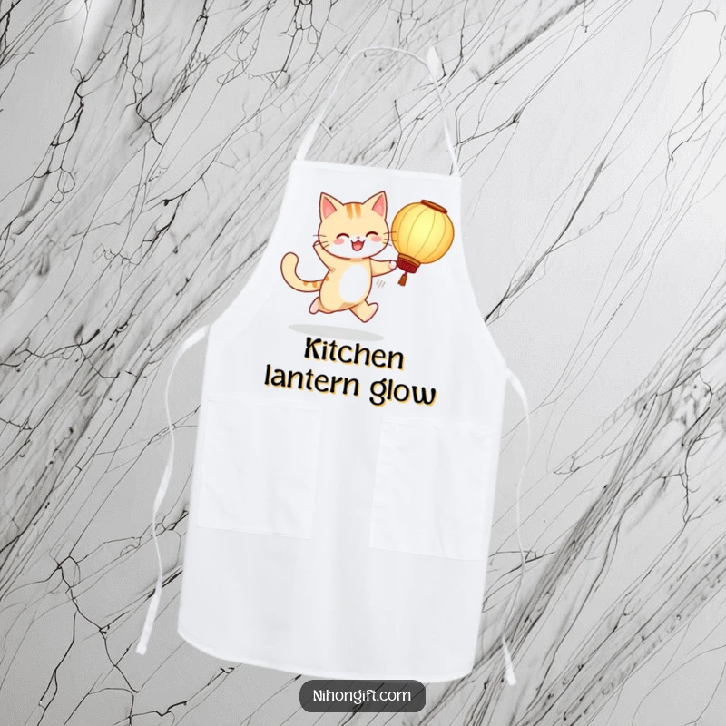 Funny apron with a cheerful cat skipping while holding a large paper lantern, perfect for a festive kitchen.