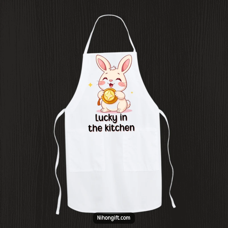 Funny apron with a happy bunny presenting a shiny trinket, perfect for a lucky kitchen.