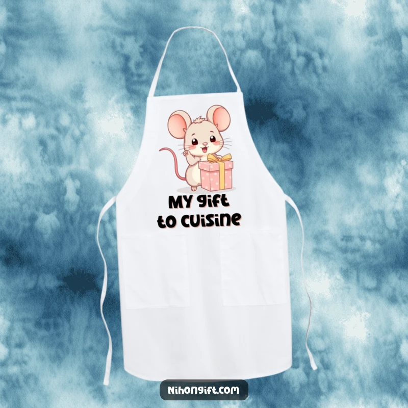 Funny kawaii mouse excitedly pointing at a wrapped gift on a kitchen apron, adding playful charm to cooking.