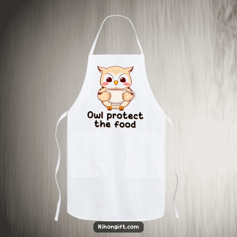 Funny Owl Tea Apron: Cheerful owl carefully delivering a delicate ceramic tea cup while cooking.