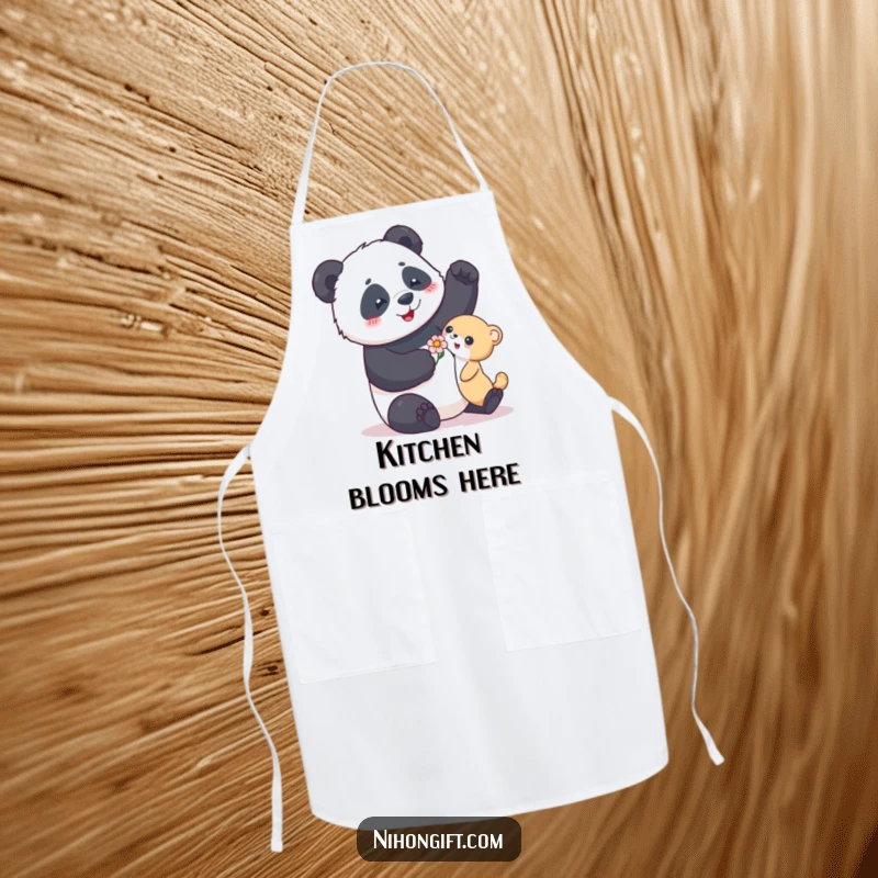 Funny apron with a playful panda enthusiastically gifting a flower, adding humor to kitchen tasks.