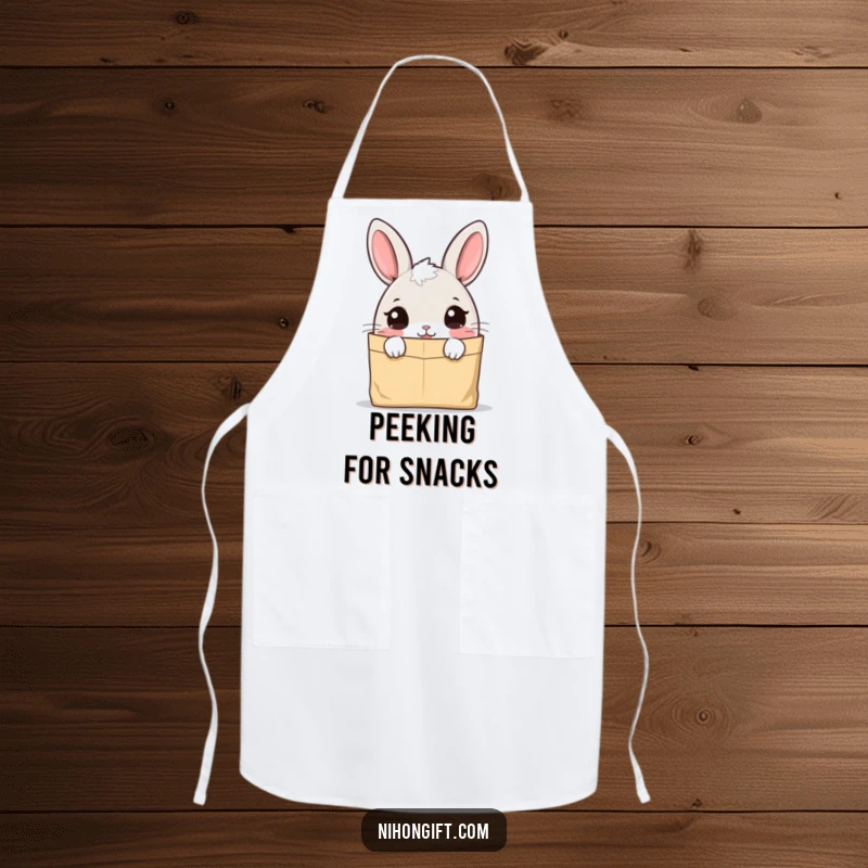 Funny bunny apron showing a cute character peeking curiously into a paper bag, adding kitchen charm.