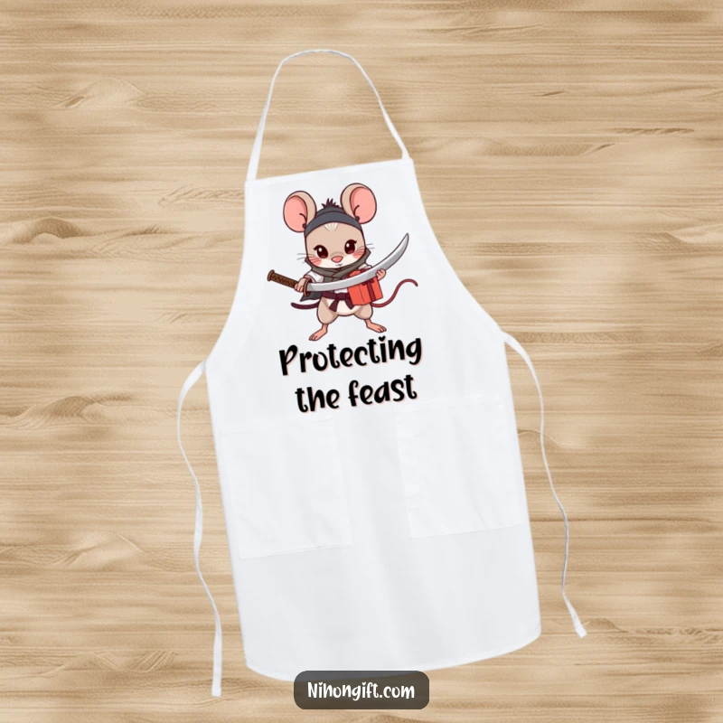 Funny Mouse Katana Apron: A small brave mouse holding a tiny katana, protectively standing over a gift while cooking.