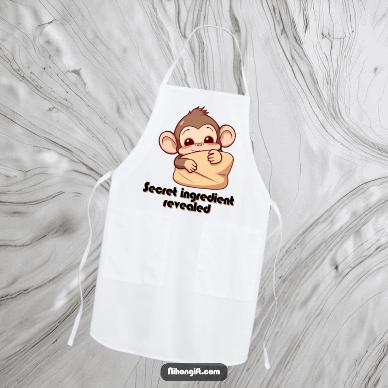 Funny monkey apron depicting a mischievous monkey peeking from behind a wrapped gift, great for cooking fun.