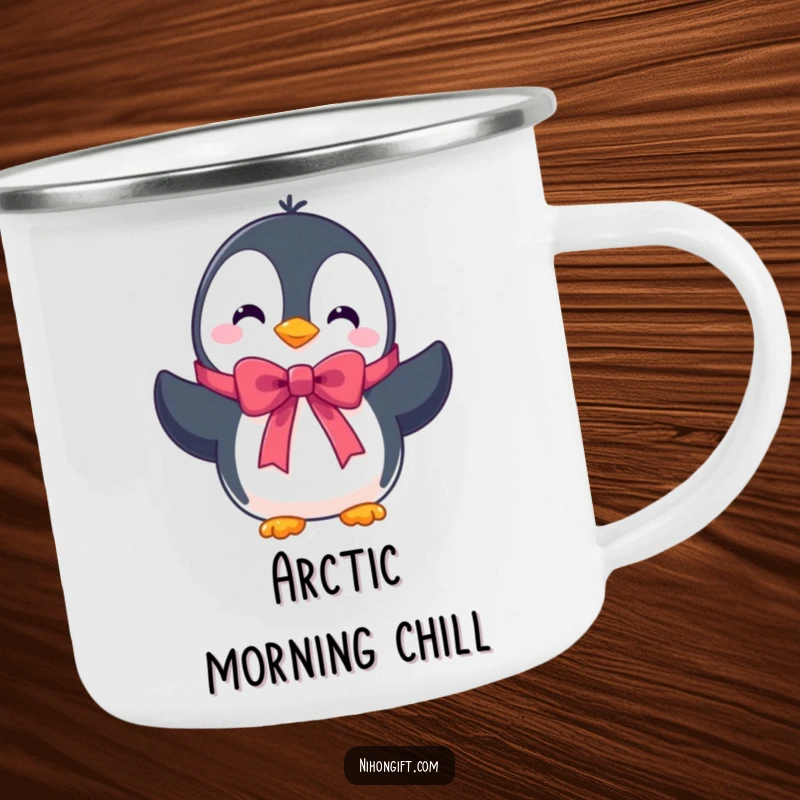 Funny camping mug with a cute penguin character presenting a beautifully tied ribbon, perfect for outdoor drinks.
