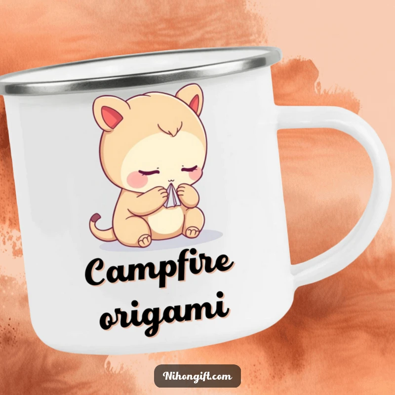 Funny, durable camping mug featuring a bowing creature holding a paper crane, great for artistic hikers.
