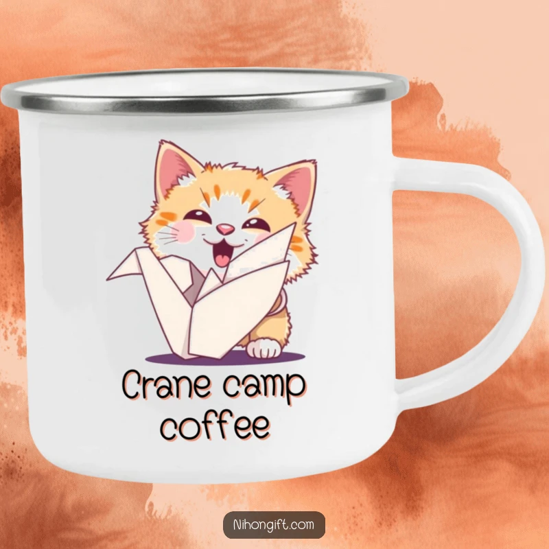 Funny cat camping mug featuring an ecstatic fluffy cat peeking from behind an origami crane, for lucky adventurers.