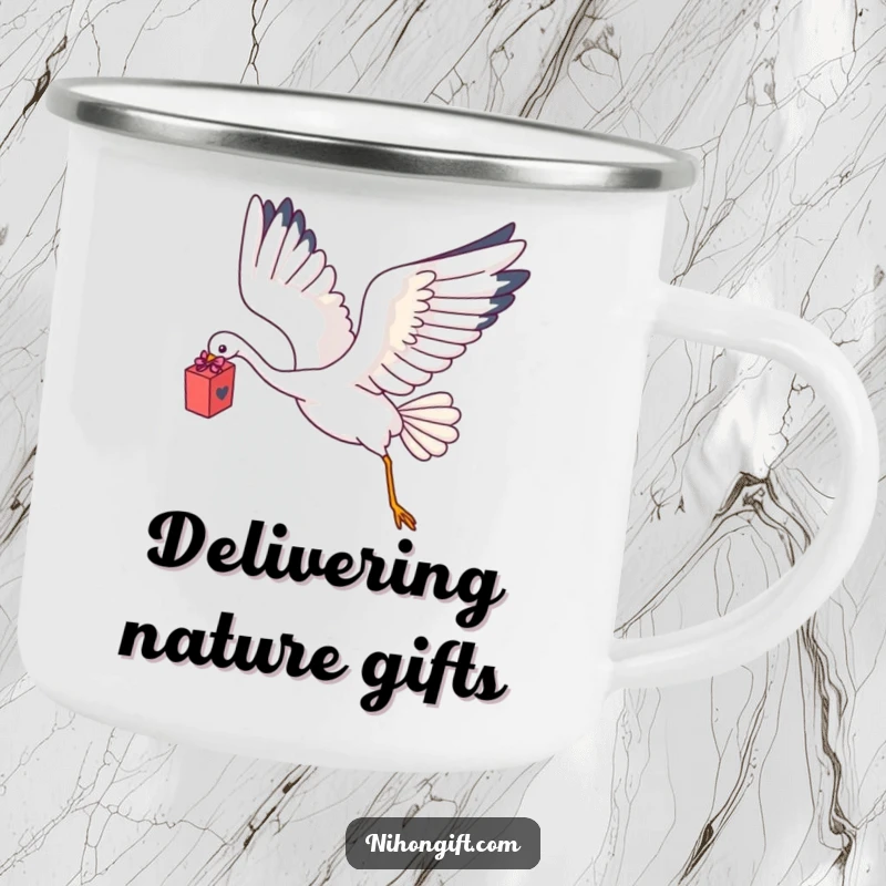 Funny Kawaii Crane Camping Mug showing a crane flying with a delicate gift box.
