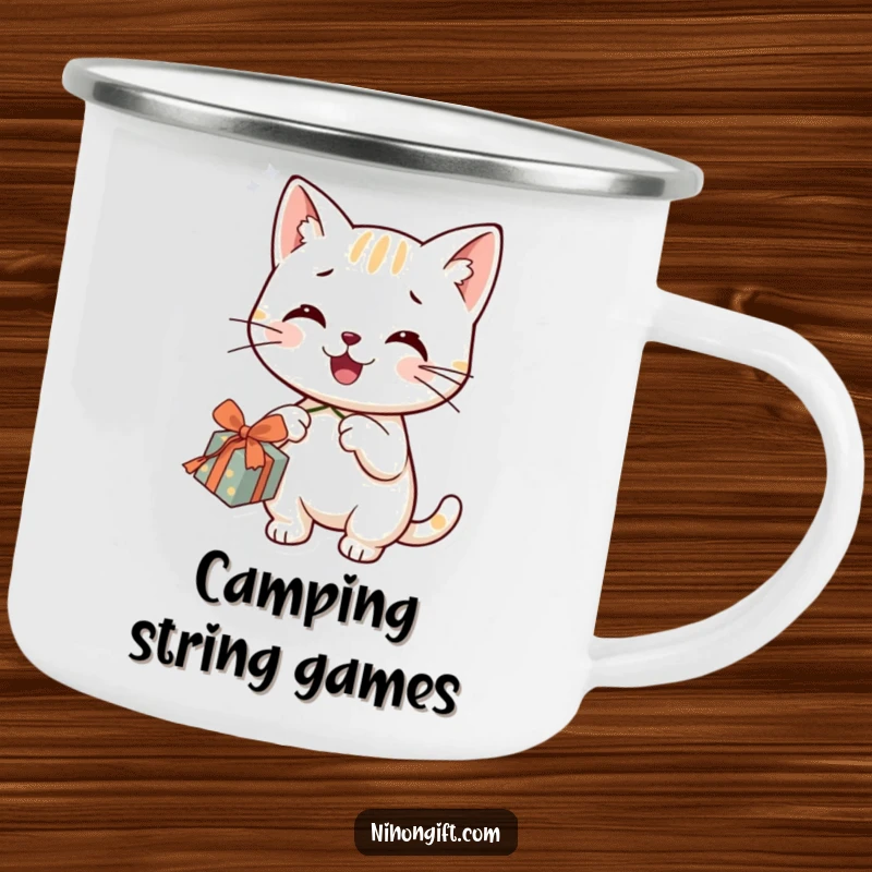 Funny cat in a camping mug, happily dangling a string from a gift, ready for outdoor fun.