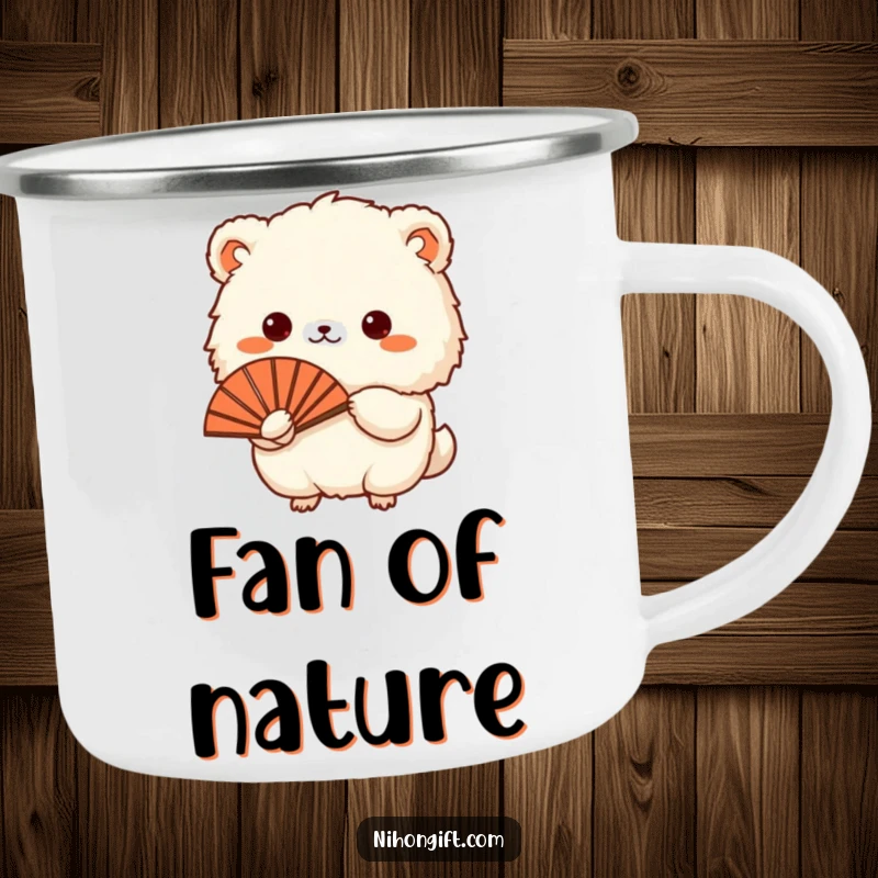 Funny camping mug with a small, fluffy animal holding a traditional Japanese fan, perfect for outdoor enthusiasts.