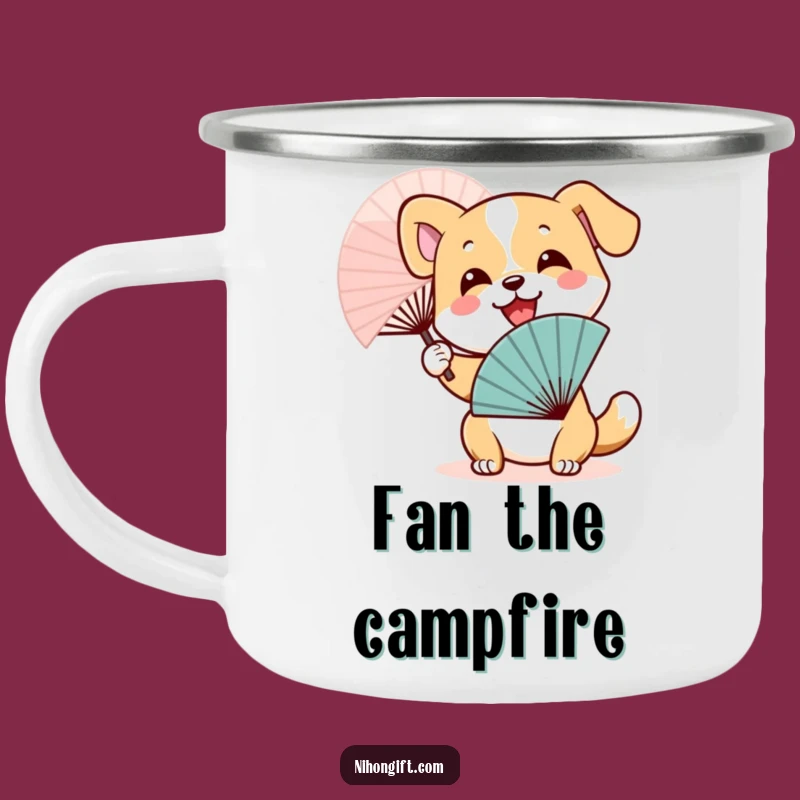 Funny Dog Fan Camping Mug: Joyful Japanese Wave - Humorous Pet Outdoor Gift