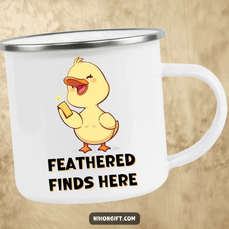 Funny duckling with an open beak joyfully accepting a small trinket on a durable camping mug.