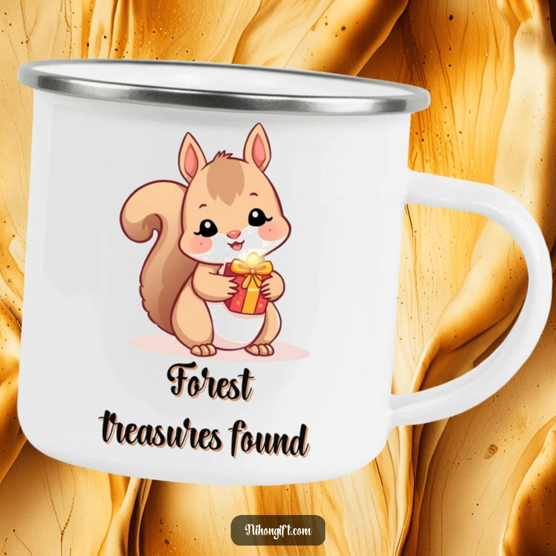 Funny Squirrel Camping Mug: A durable mug featuring a kawaii squirrel hiding a shiny gift.