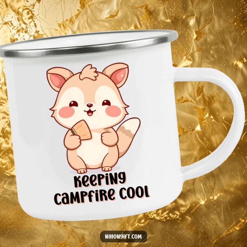 Funny, durable camping mug featuring a welcoming animal holding a decorative fan, great for outdoor hospitality.