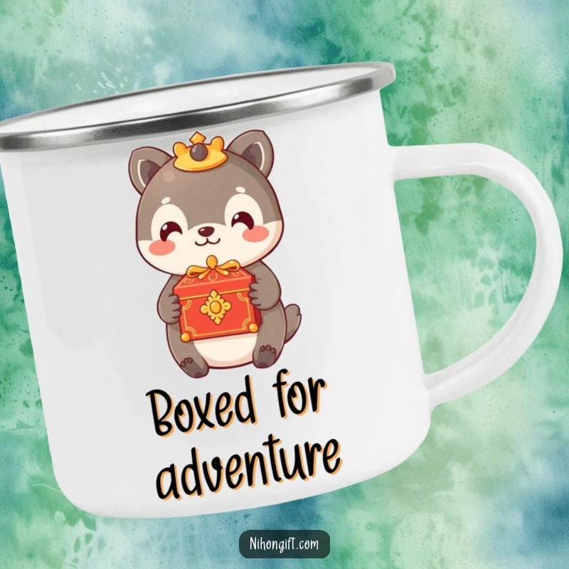 Funny camping mug with an animal offering a small, ornate box with a gentle smile, perfect for outdoor adventures.