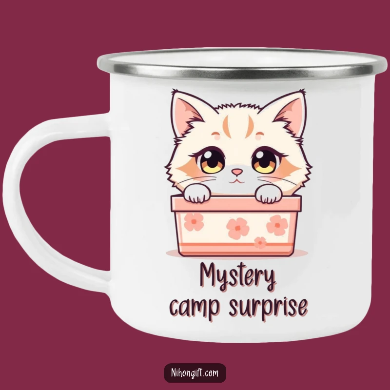 Funny Cat Gift Box Camping Mug: Adventure with Curious Kitty