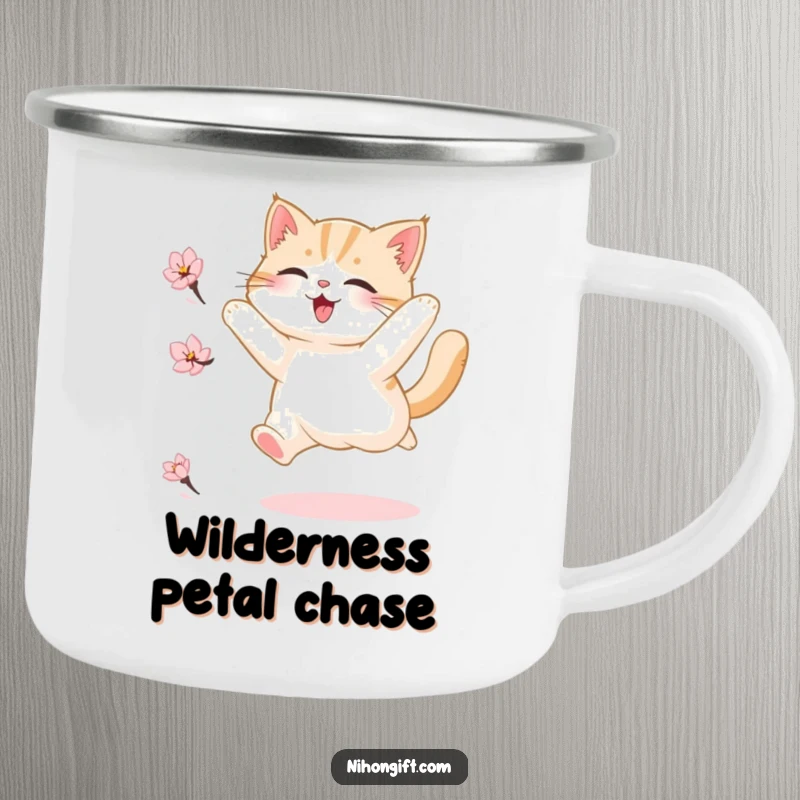 Funny camping mug showing a fluffy cat in a joyous leap, chasing a delicate cherry blossom petal, ideal for outdoor enthusiasts.