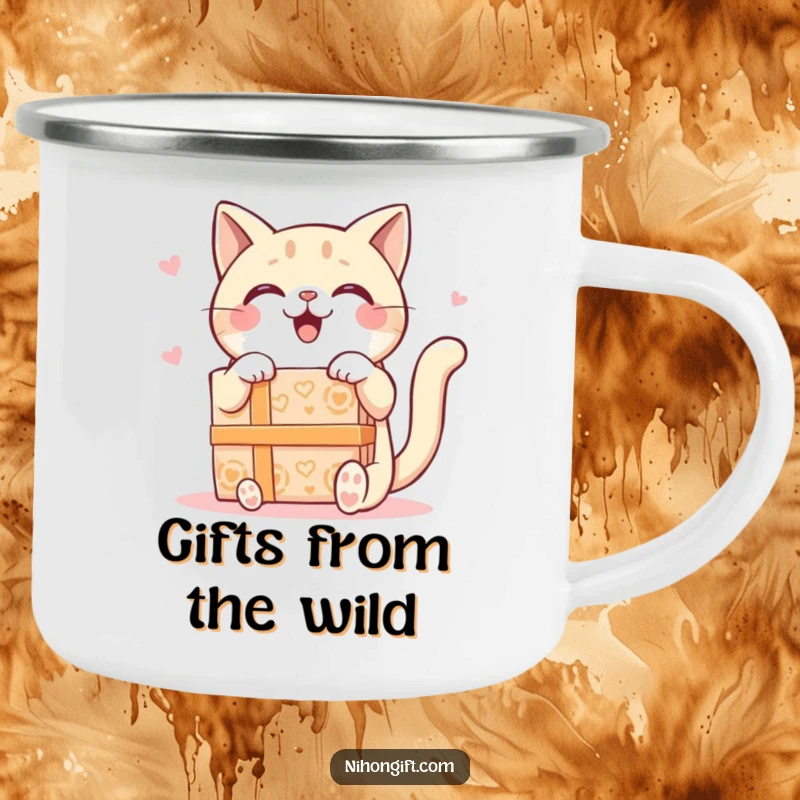 Funny Kawaii Cat Camping Mug showing a delighted cat receiving a large ornate gift box, ready for outdoor adventures and laughs.